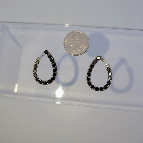 Black Spinel Hoop Earrings 925 Sterling Silver - Picture 3 of 8